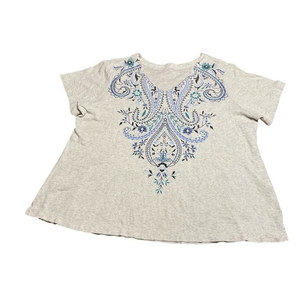 J Jill Pima Slub Knit V neck Tee XL Shirt Southwestern Boho Artsy lightweight - Picture 3 of 13